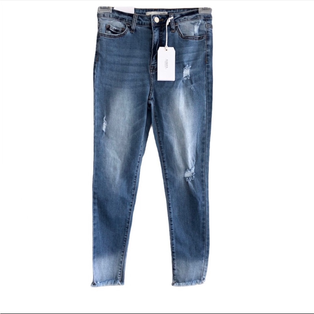 Klique B. Denim High Rise Frayed Dipped Raw Hem Cropped Skinny Jeans Size 7 NEW